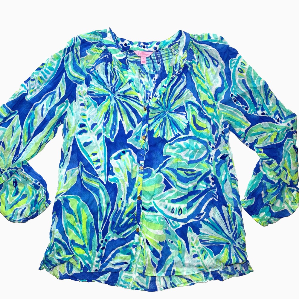 Lilly Pulitzer Womens Elsa Top Beckon Blue Palm Passage Size XL Beach Vacation